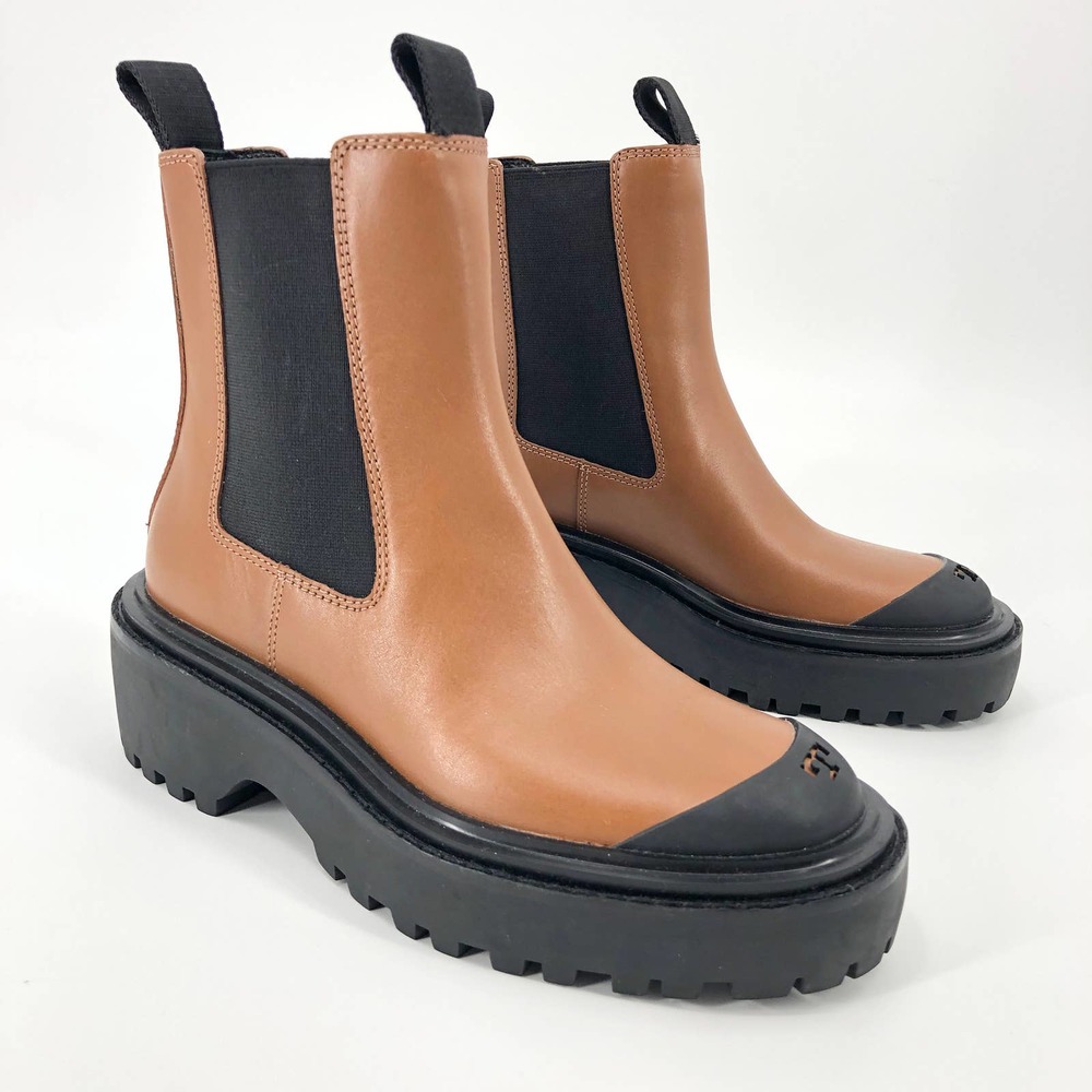 NEW Tory Burch Lug Sole Platform Chelsea Brown Round Toe Leather Ankle Boots 5.5